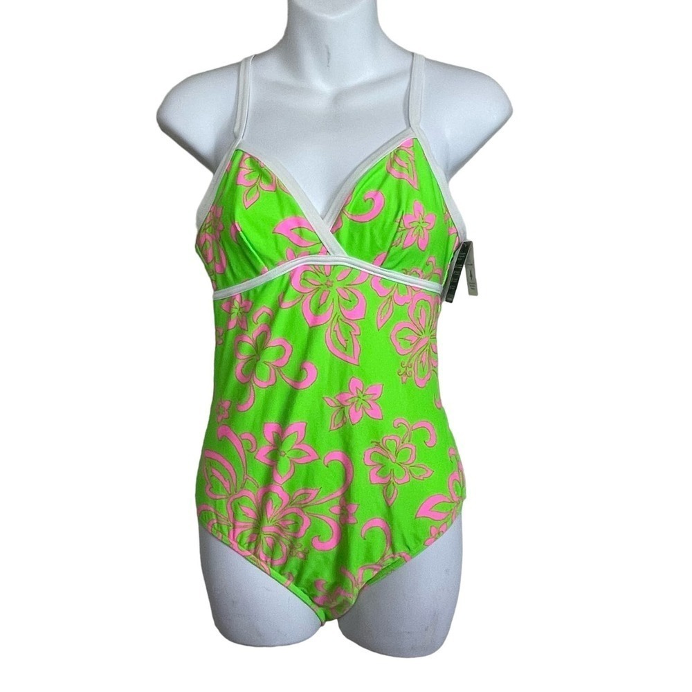 NWT‎ Lands End Kindest Cut One Piece Star Shape Size 12 Green Pink White Trim